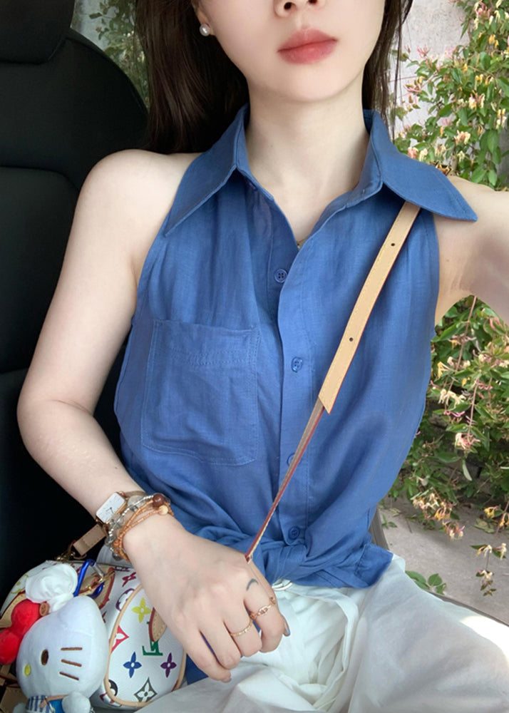 Blue Peter Pan Collar Button Cotton Shirt Tops Sleeveless