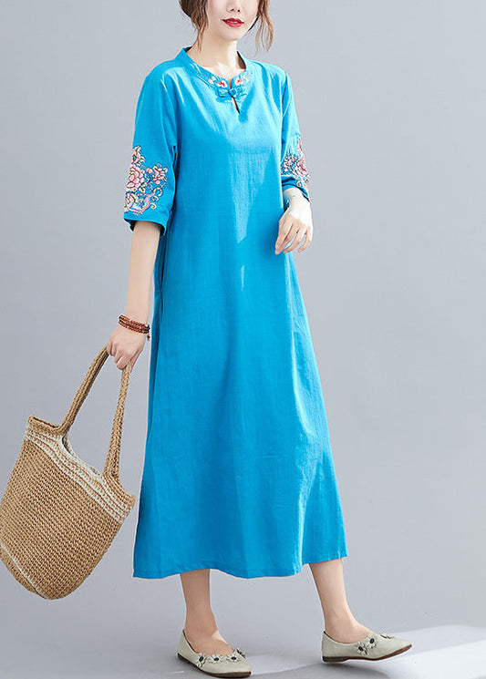Blue Mandarin Collar Side Open Embroideried Dress Half Sleeve