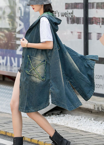 Modern Green Hooded Button Pockets Fall Top Sleeveless Waistcoat