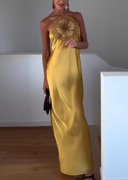 Stylish Yellow Nail Bead Silk Party Dress Sleeveless