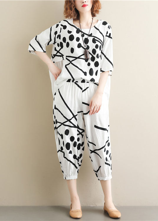 White O-neck Patchwork Tops and Pants Cotton Two Pieces Set Summer