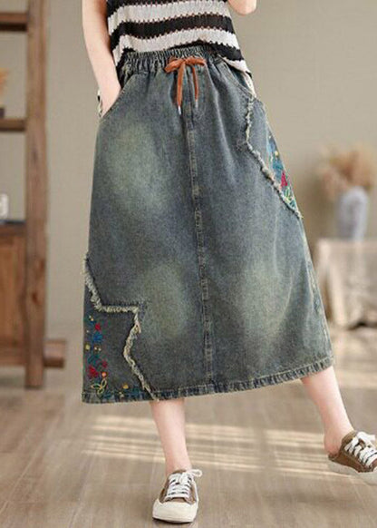 Denim Blue Pockets Patchwork Tie Waist Maxi Skirt Summer