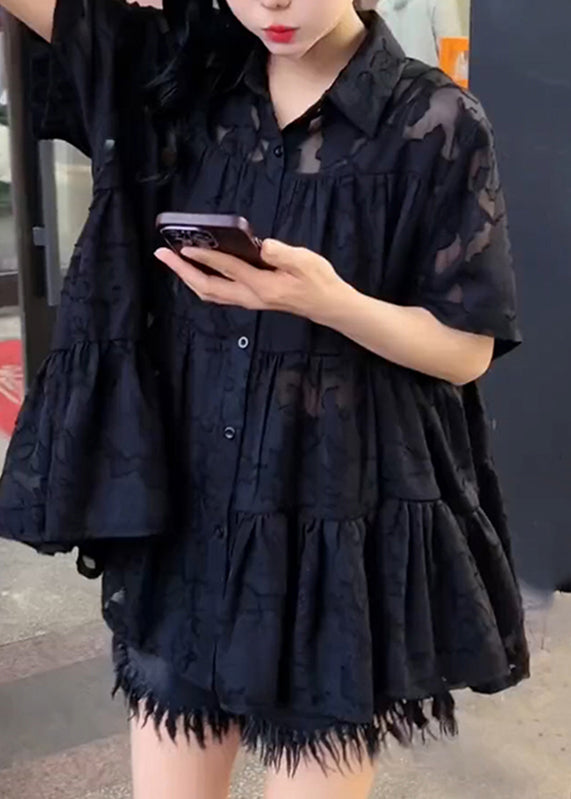 Black Embroidered Tulle Patchwork Wrinkled Shirt Summer