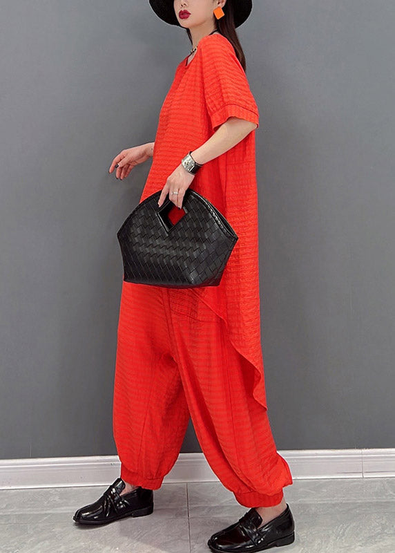 Red Linen Top and Harem Pants Two Pieces Set Summer