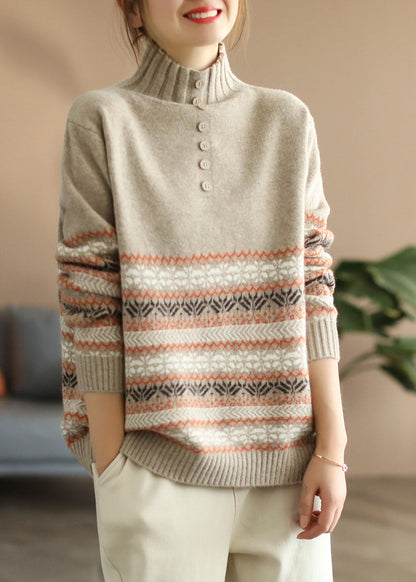 Handmade Khaki Turtle Neck Thick Knitted Sweaters Long Sleeve