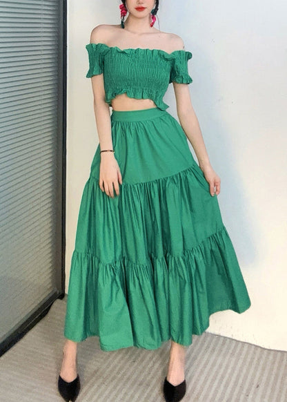 Green Slash Neck Ruffled Top and Maxi Skirts Two Piece Set Summer