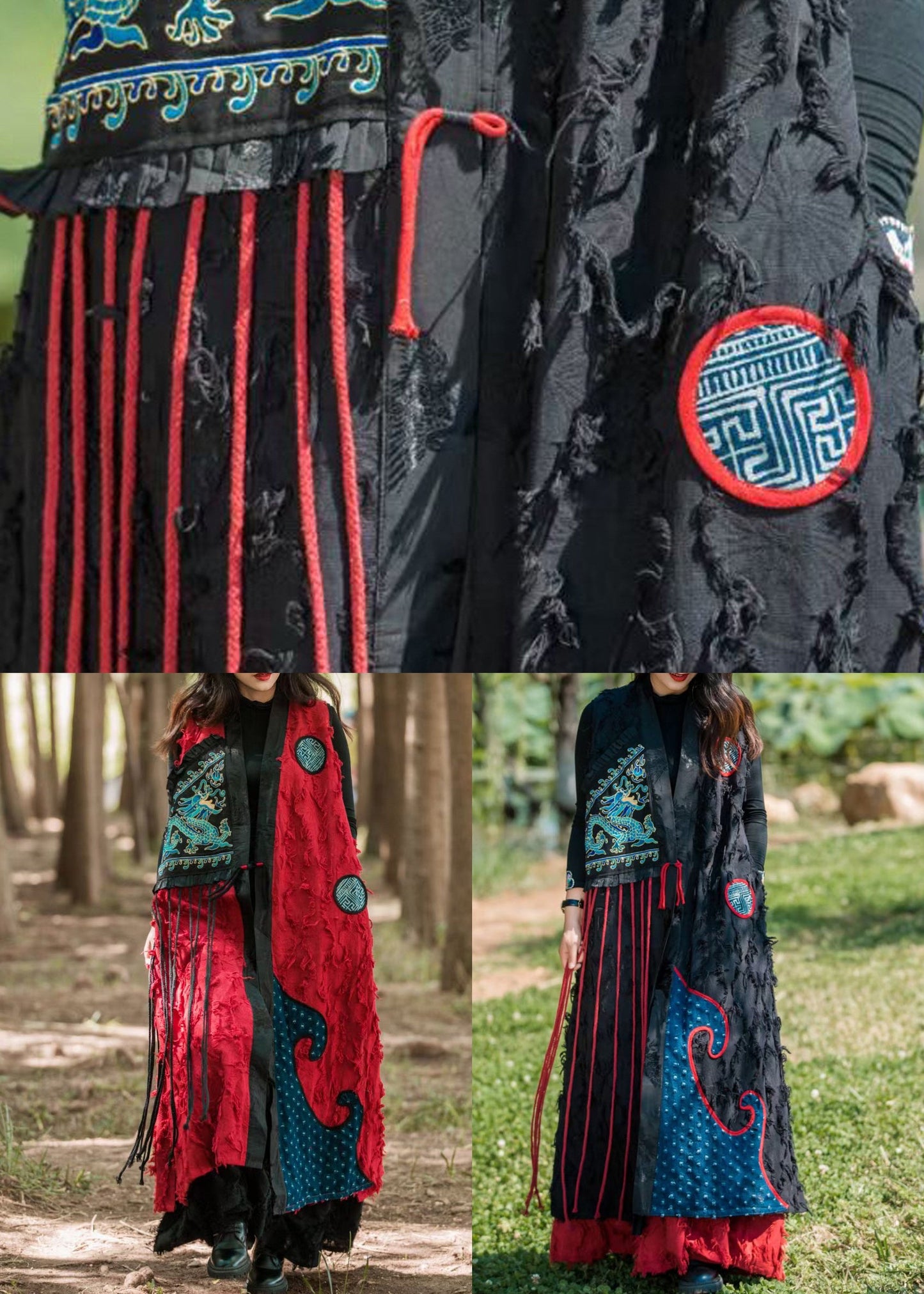 Red Tasseled Pocketspatchwork Cotton Waistcoat Sleeveless