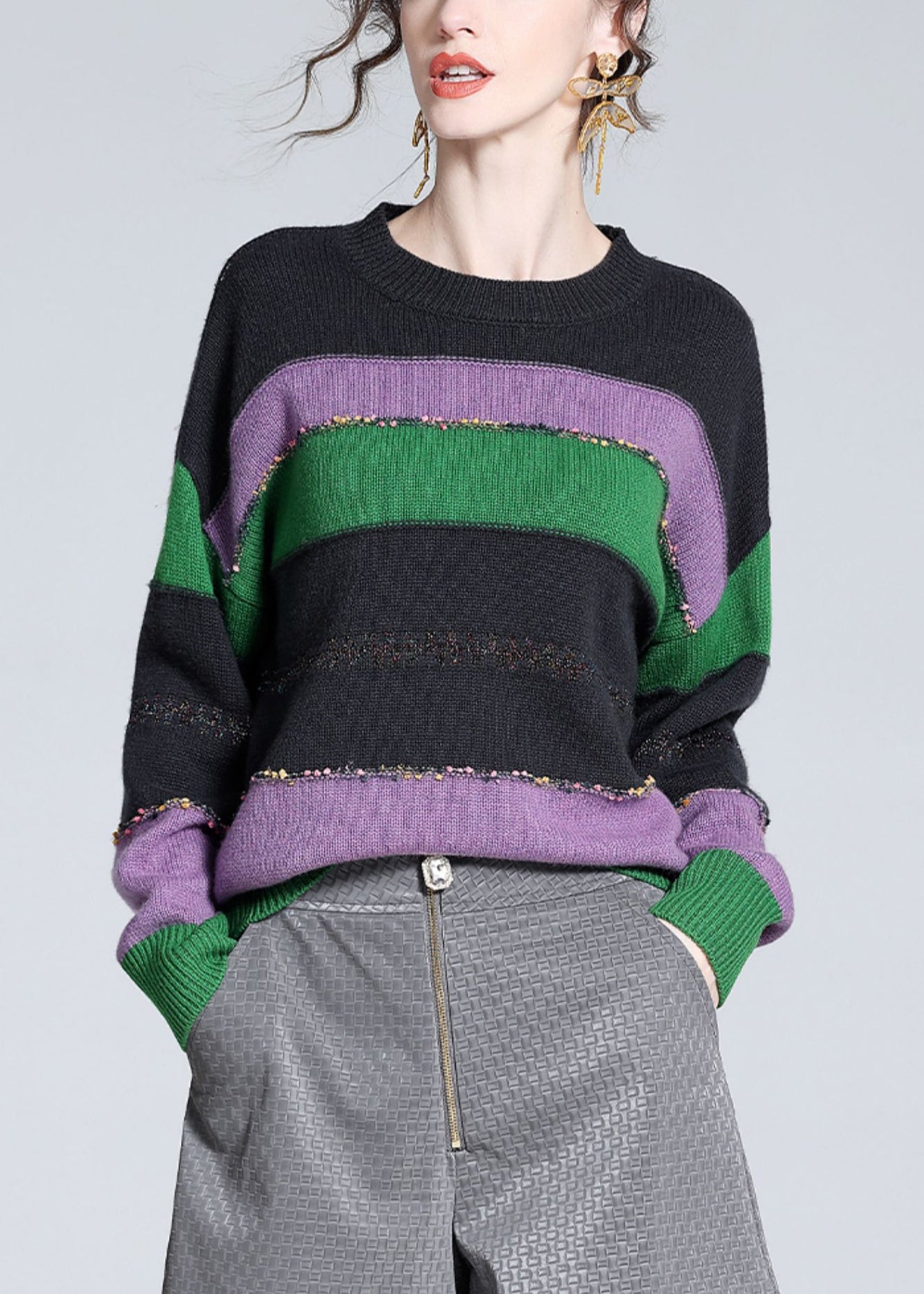 Purple O-neck Cozy Patchwork Wool Knit Sweater Winter