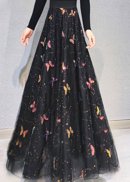 Italian Embroideried High Waist Sequins Tulle Maxi Skirts Spring
