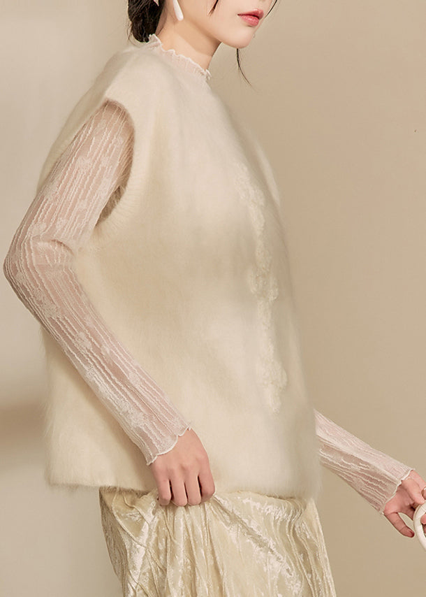 Simple Beige O-neck Cozy Cotton Knit Waistcoat Winter