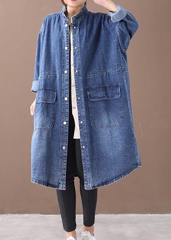 French Denim Blue Box Coat Shape Stand Collar Drawstring Coat