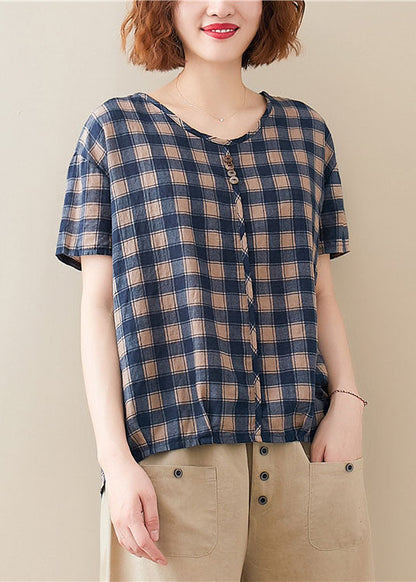 Blue O Neck Plaid Cotton T Shirt Top Short Sleeve