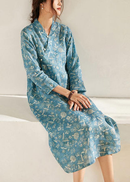 French Blue Print Patchwork Button Summer Ramie Sundress
