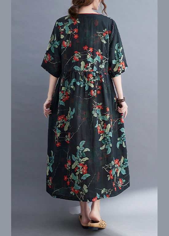 Navy Patchwork Linen Holiday Dresses Tie Waist Short Sleeve