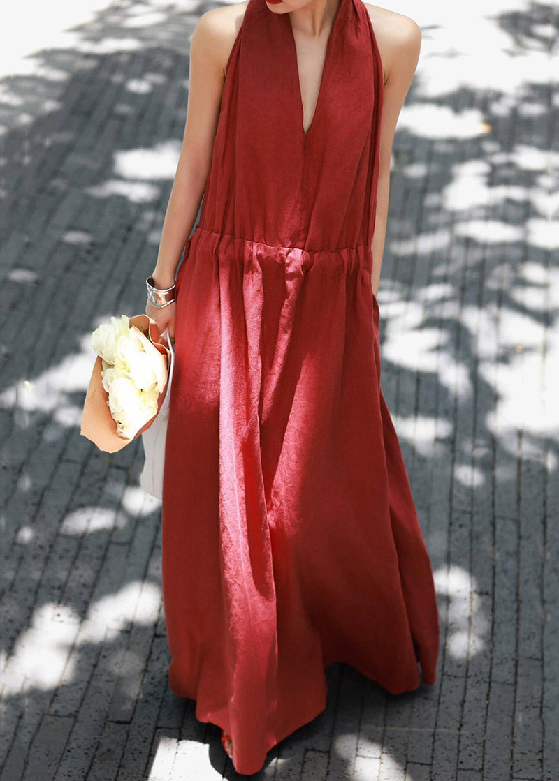 Red Lace Up Cotton Long Dress V Neck Summer
