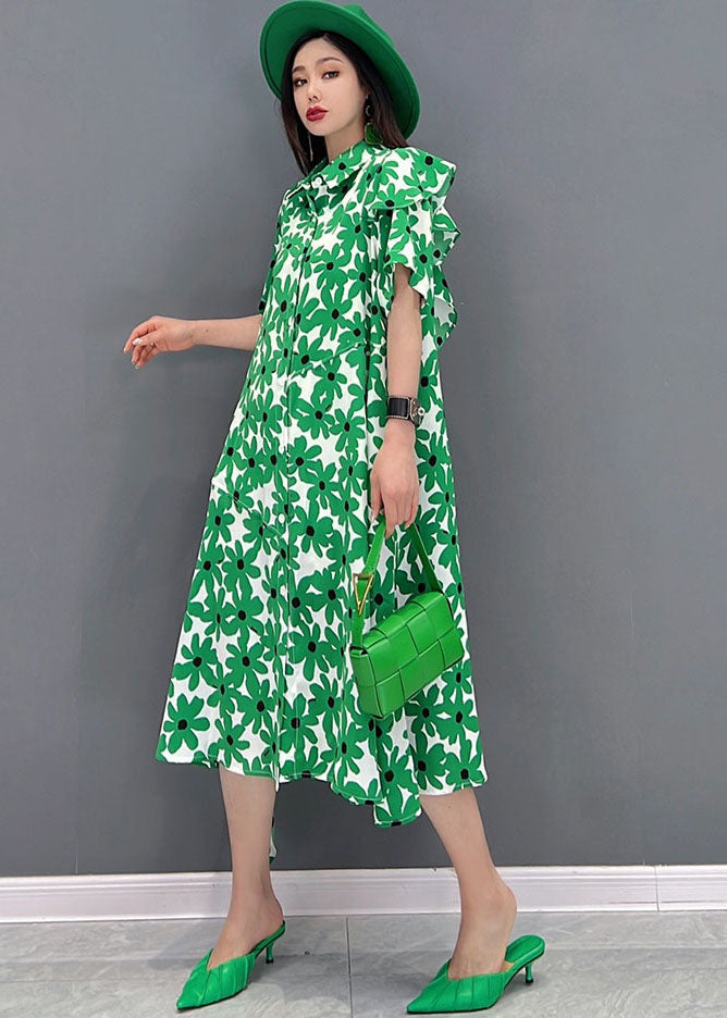 Green Peter Pan Collar Asymmetrical Design Print Cotton Holiday Dress Short Sleeve