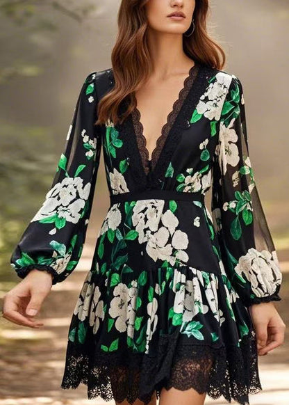 French Black V Neck Lace Print Chiffon Mid Dress Spring