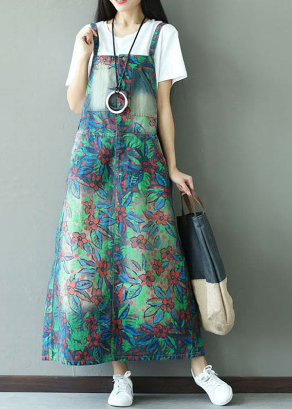 Green Patchwork Pockets Print Elastic Waist Dress Spring