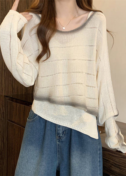 Diy Beige Asymmetrical Design Tie Dye Knit Sweater Fall