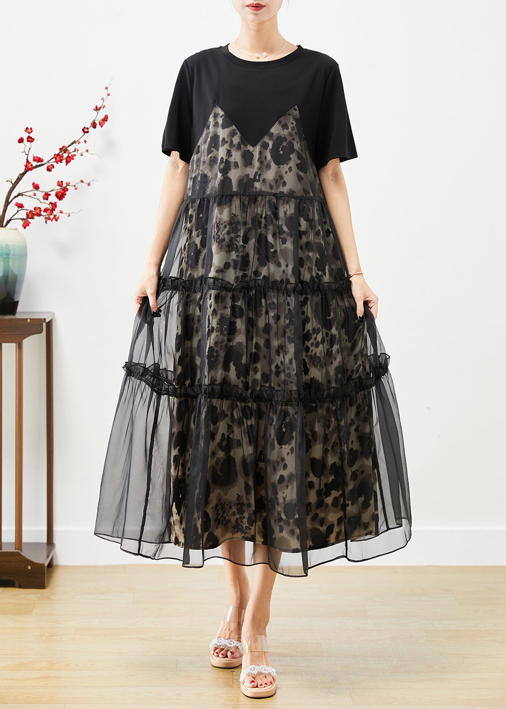 Black Ruffled Tulle Patchwork Exra Large Hem Cotton Dress Summer