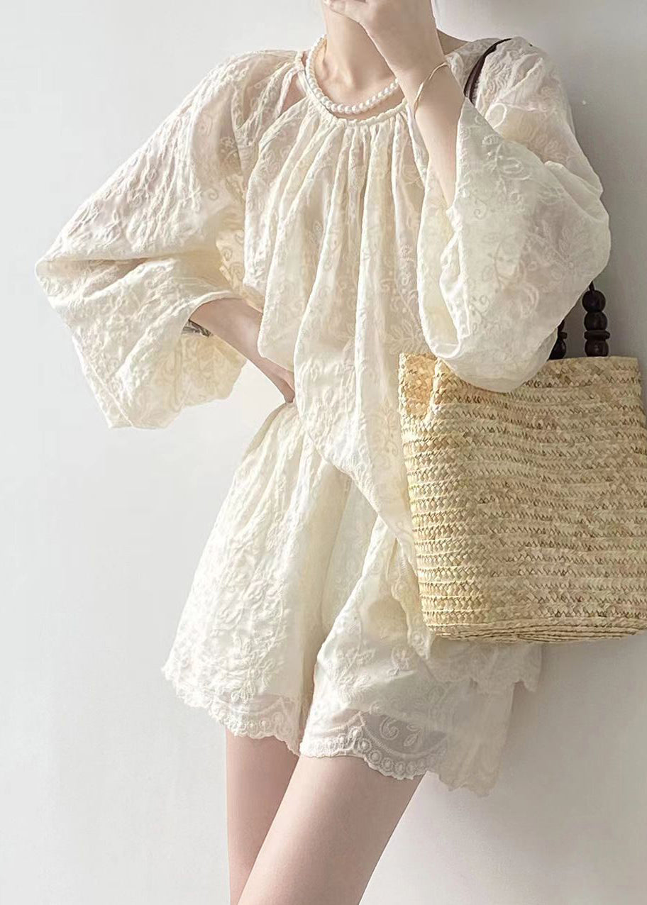 Loose Beige Embroidered Pockets Silk Cotton Two Pieces Set Bracelet Sleeve
