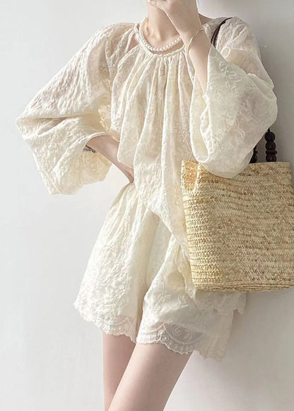 Loose Beige Embroidered Pockets Silk Cotton Two Pieces Set Bracelet Sleeve
