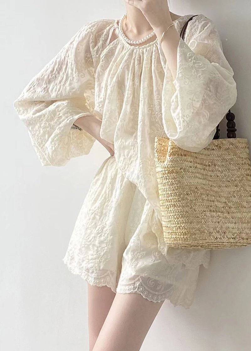 Loose Beige Embroidered Pockets Silk Cotton Two Pieces Set Bracelet Sleeve