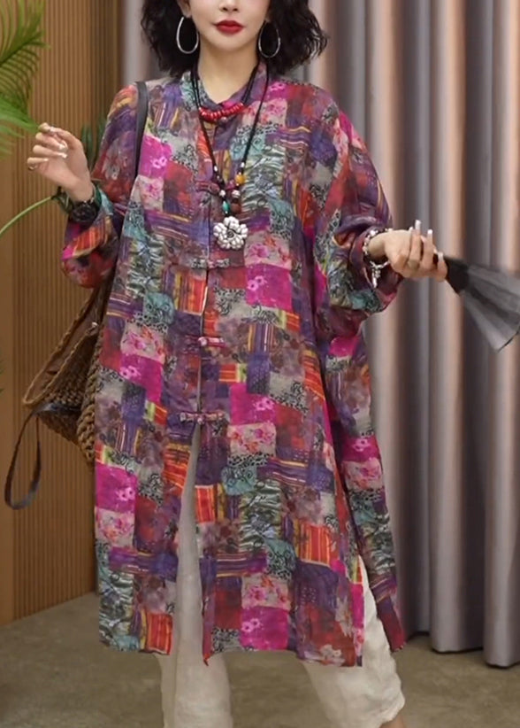 Stand Collar Print Chinese Button Cotton Mid Shirts Long Sleeve