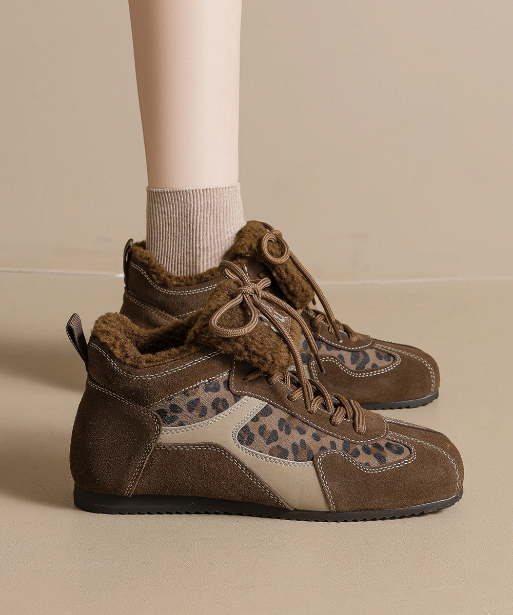 Comfy Splicing Platform Flat Shoes Leopard Suede Lace Up