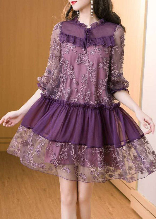 Purple Embroidered Patchwork Chiffon Mini Dress Summer