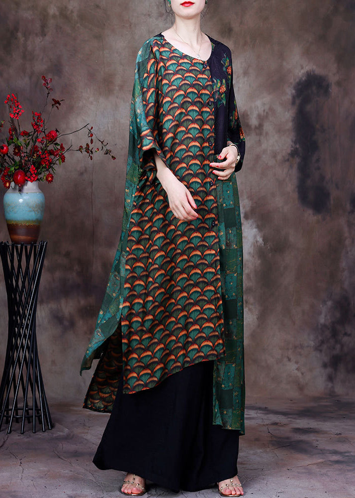 Natural Green O-neck Asymmetrical Print Patchwork Silk Cardigans and Wide Leg Pants Two Pieces Set Long Sleeve