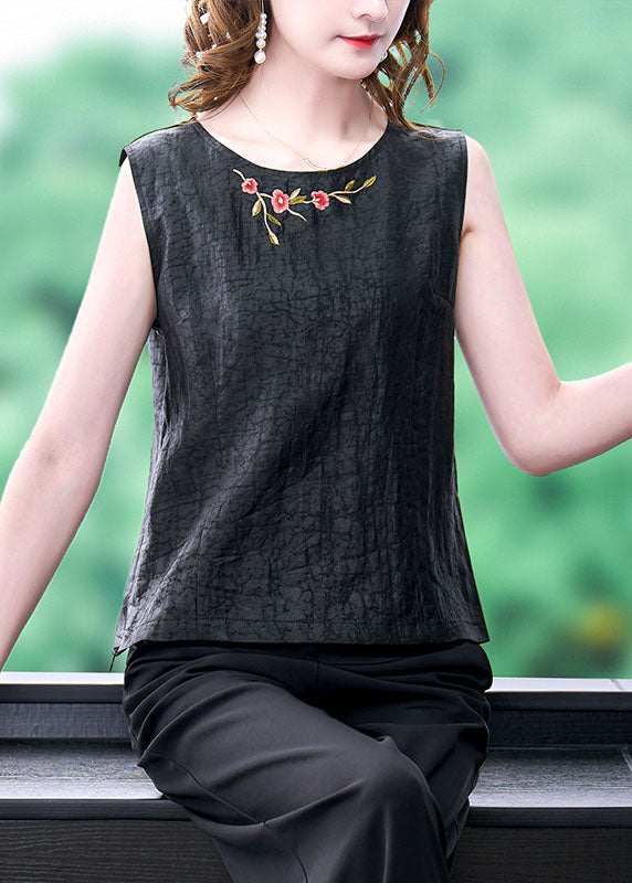 French Black O-neck Embroideried Patchwork Silk T Shirt Tops Sleeveless