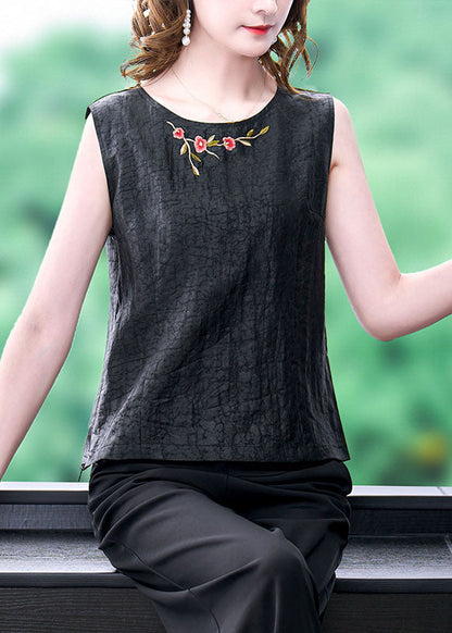 French Black O-neck Embroideried Patchwork Silk T Shirt Tops Sleeveless