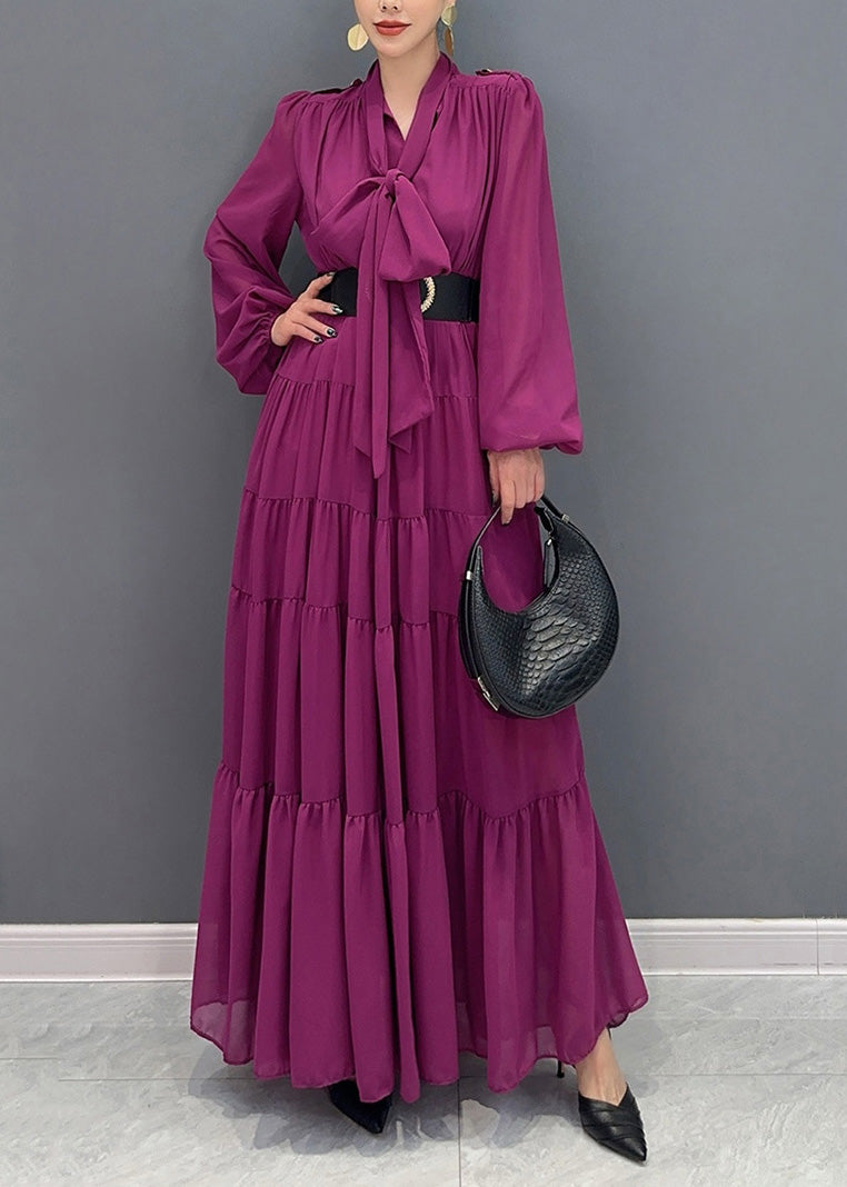 Purple V Neck Patchwork Party Chiffon Long Dress Fall