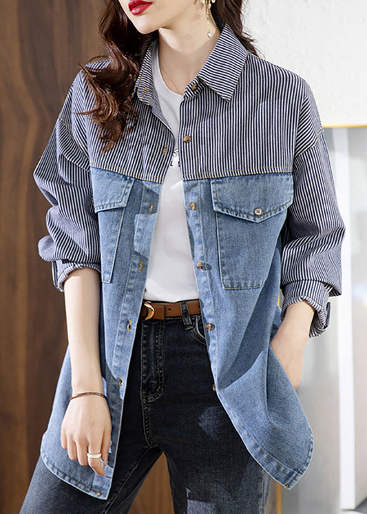 Blue Peter Pan Collar Striped Patchwork Button Denimn Coats Fall