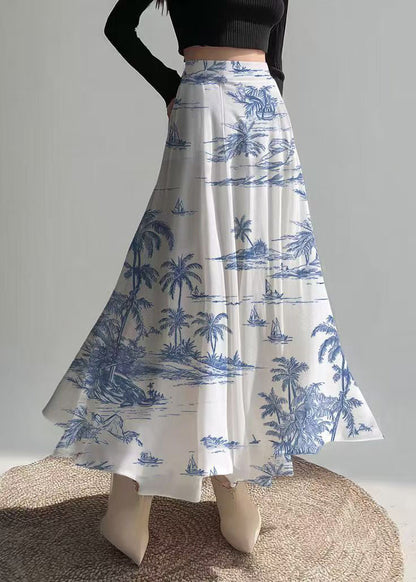 Classy White Print Draping Chiffon Holiday Skirts Summer