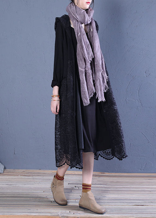 Black Hooded Lace Patchwork Cardigans Spring