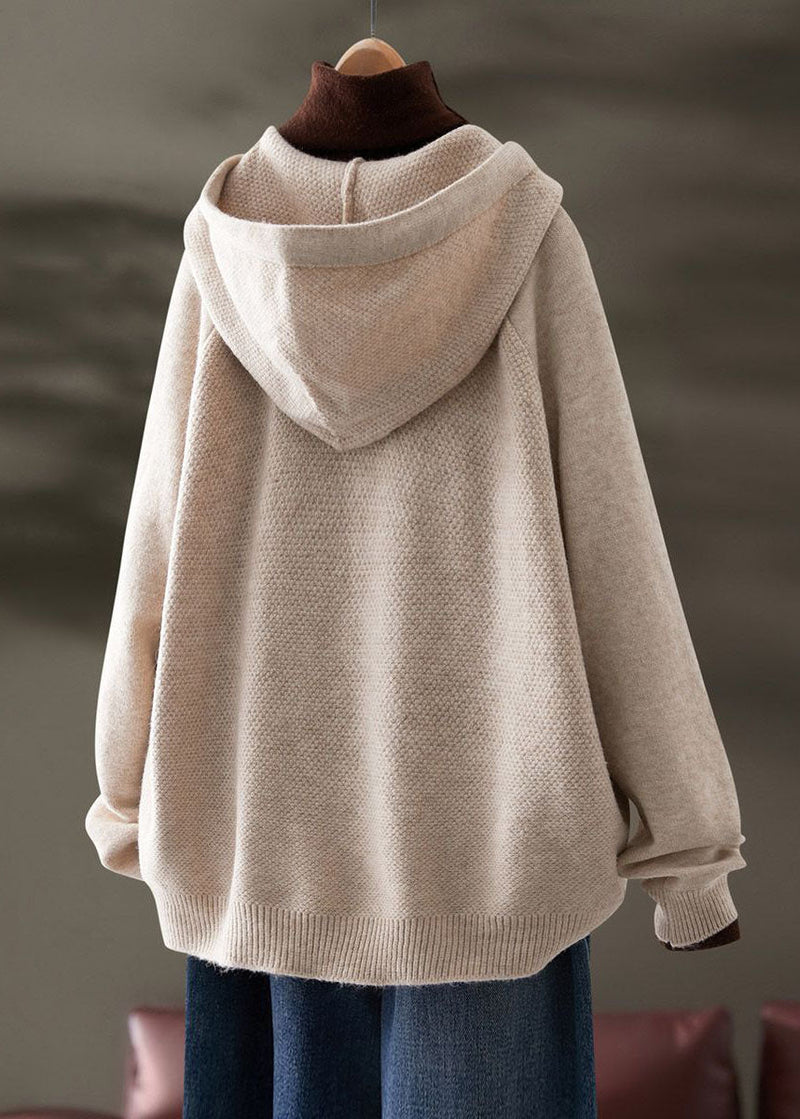 Beige Hooded Drawstring Knit Sweatshirts Top Spring
