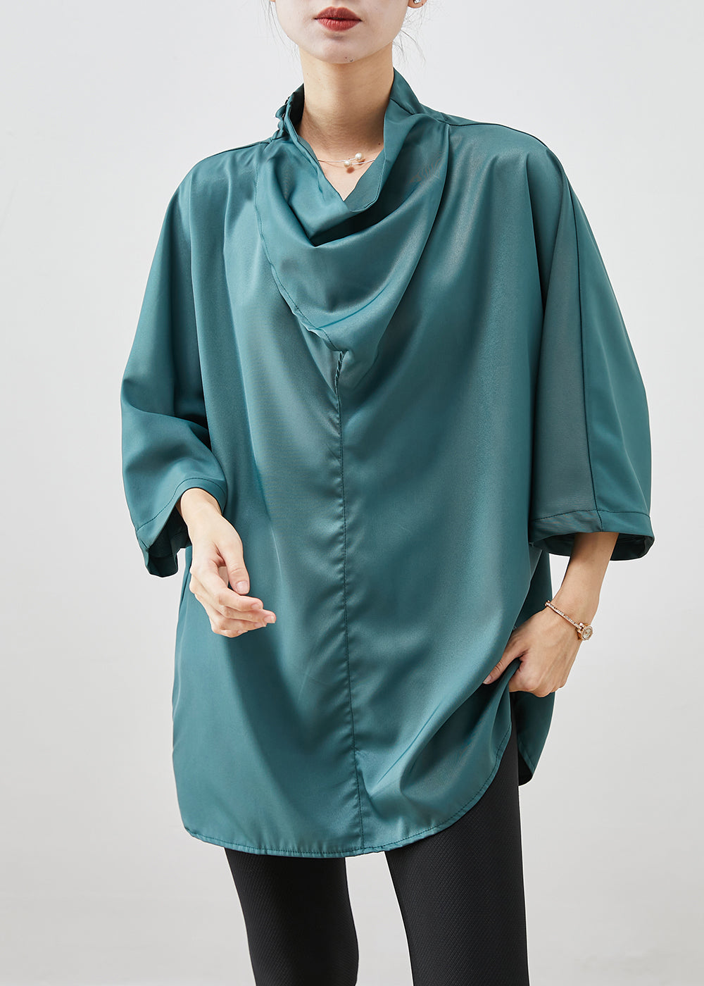 Blackish Green Turtle Neck Silk Shirt Bracelet Sleeve