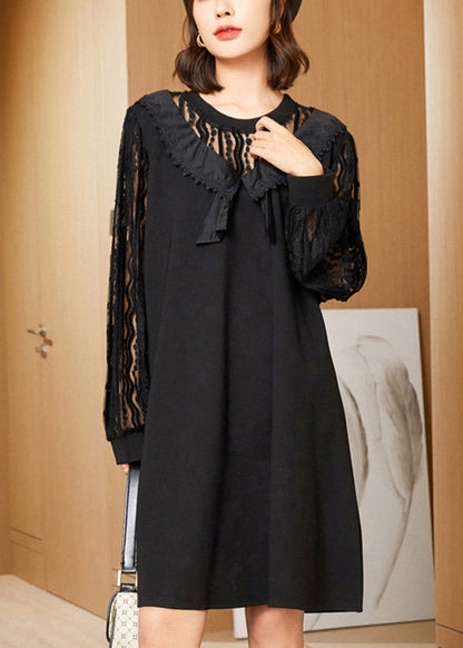Black Oversized Lace Patchwork Hollow Out Spandex Dress Spring