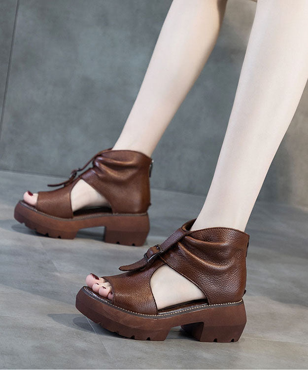 Hollow Out Wedge Sandals Brown Cowhide Leather Platform Chunky High Heels
