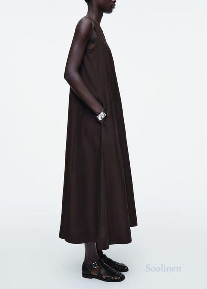 Black V Neck Linen Maxi Dresses Sleeveless