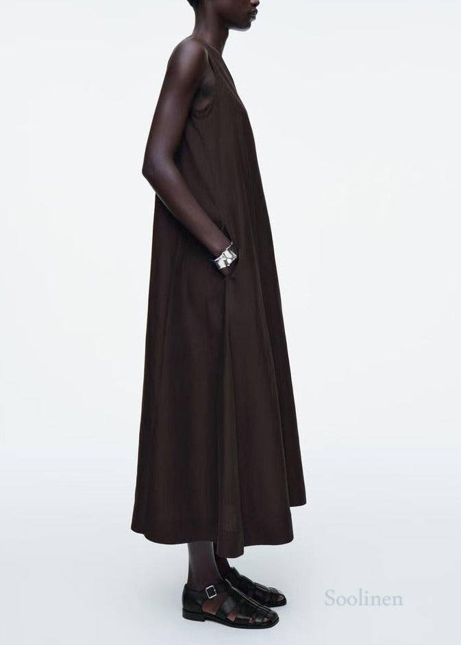 Black V Neck Linen Maxi Dresses Sleeveless