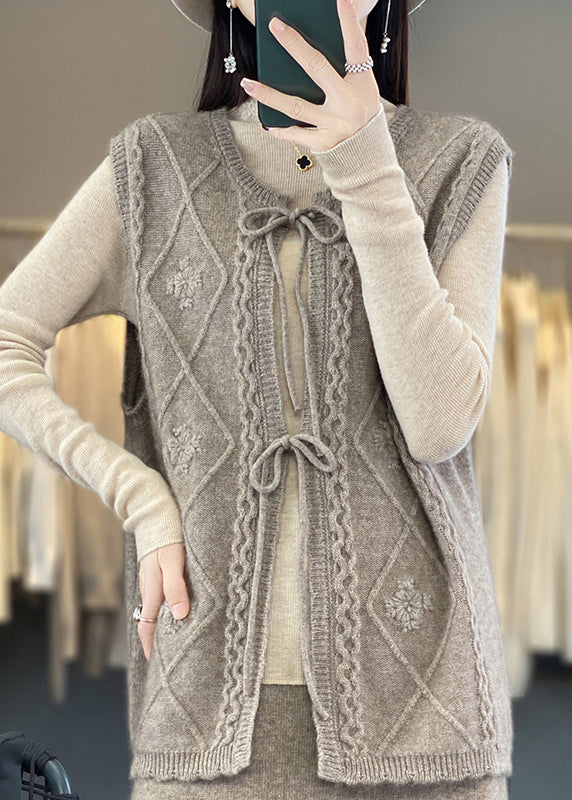 French Chocolate O-neck Lace Up Patchwork Knit Waistcoat Sleeveless