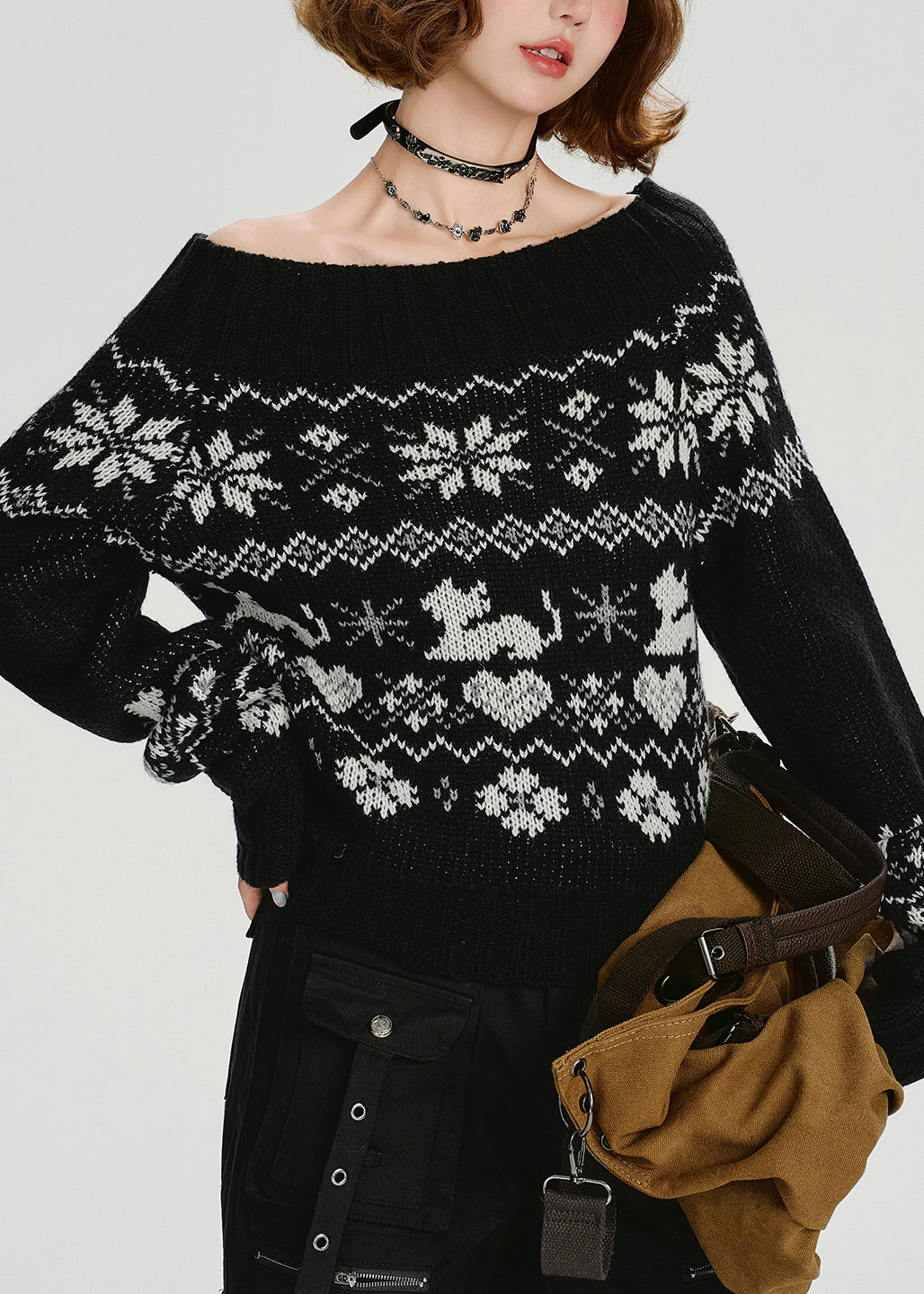 Black Slash Neck Jacquard Knit Sweater Tops Spring