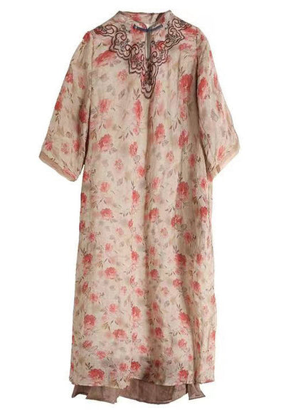 Apricot Embroideried Print Patchwork Linen Dresses Half Sleeve