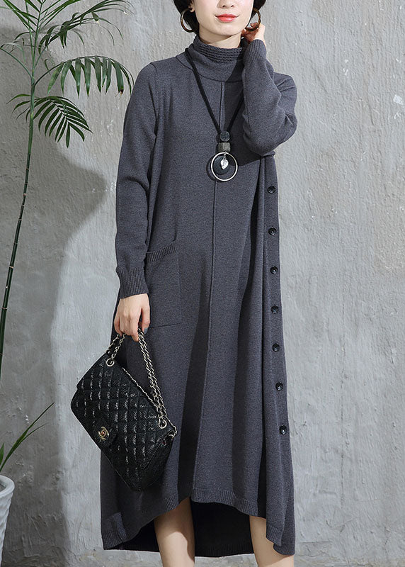 Grey Turtleneck Pockets Patchwork Woolen Sweater Dress Fall