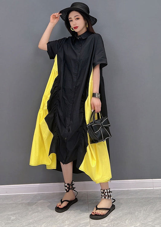 Black Yellow Colorblock Peter Pan Collar Wrinkled Cotton Shirt Dress Short Sleeve