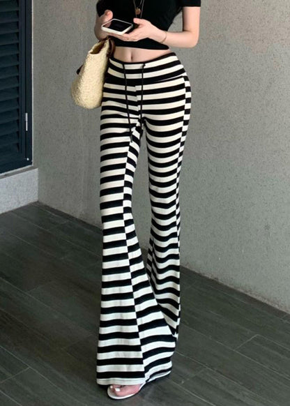 Slim Fit Striped Lace Up Cotton Flared Trousers Fall