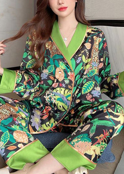 Green Peter Pan Collar Print Ice Silk Pajamas Two-piece Set Spring
